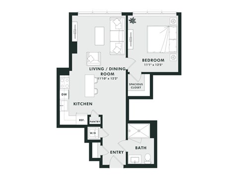 Floor plan for 1 bed, 1 bath, 686 sqft